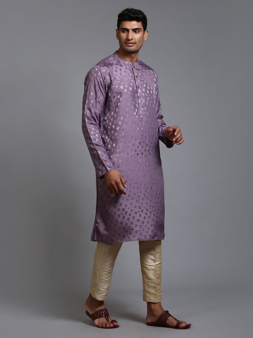 Vastramay Men's Purple Jacquard Kurta with Pant Set