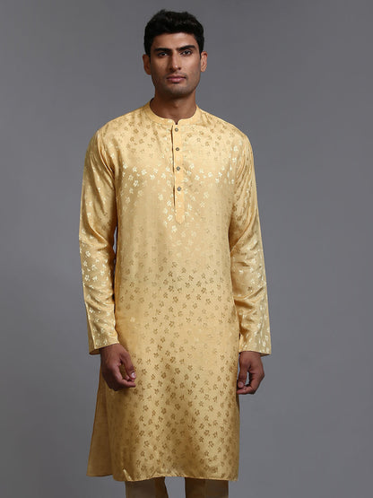 VASTRAMAY Men's Yellow Jacquard Kurta