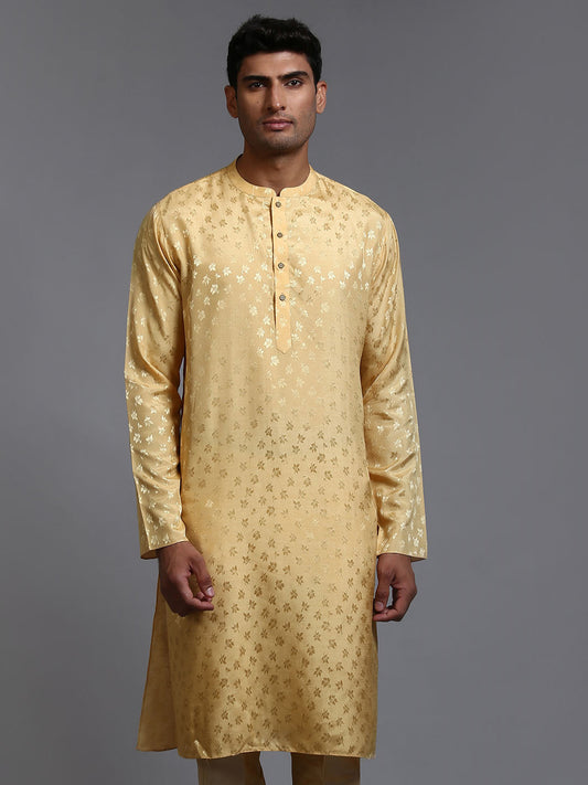 VASTRAMAY Men's Yellow Jacquard Kurta