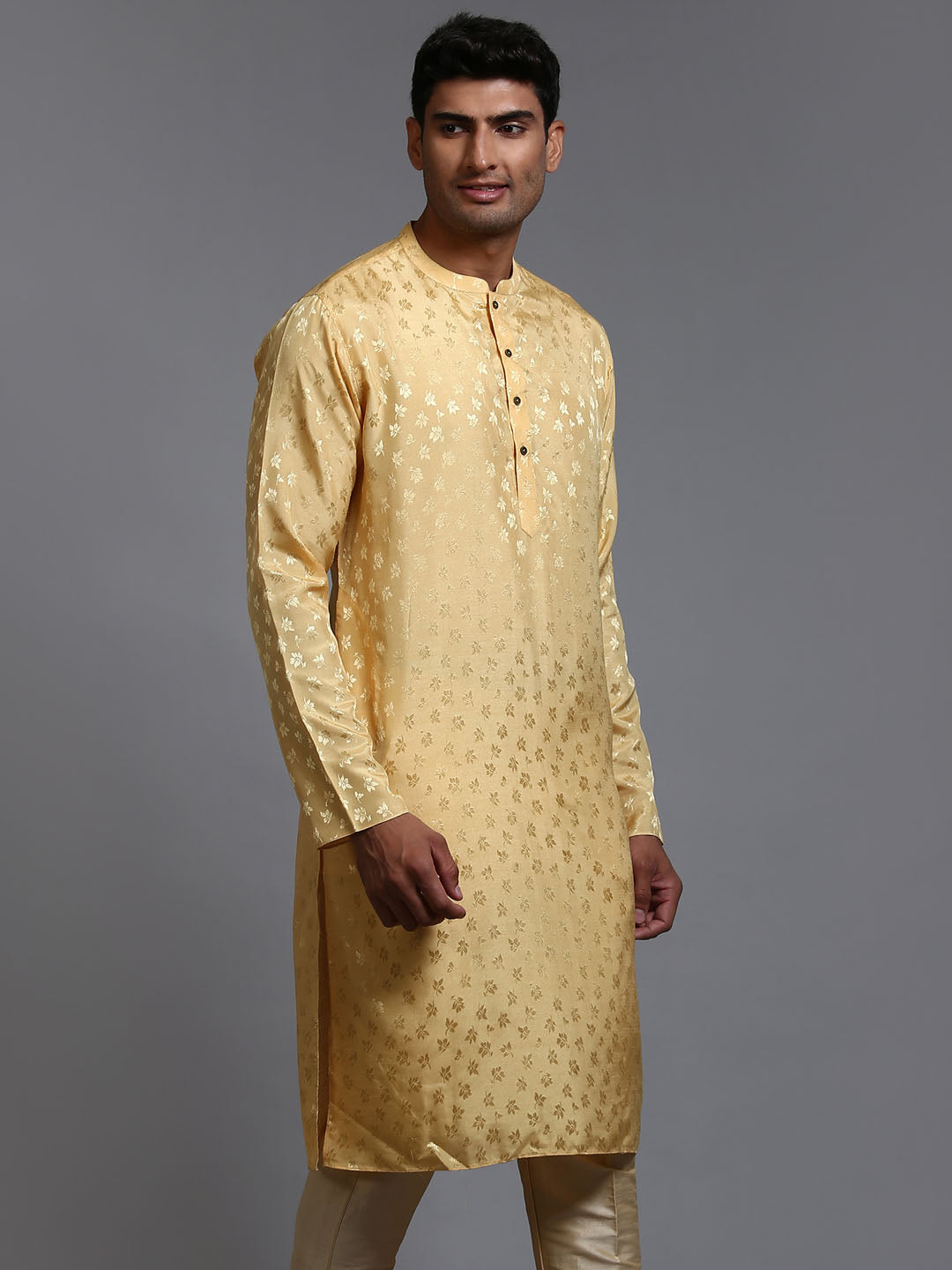 VASTRAMAY Men's Yellow Jacquard Kurta