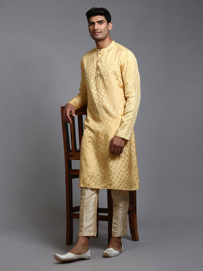 VASTRAMAY Men's Yellow Jacquard Kurta