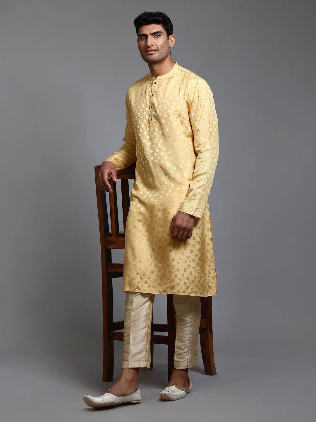 VASTRAMAY Men's Yellow Jacquard Kurta with Pant Set