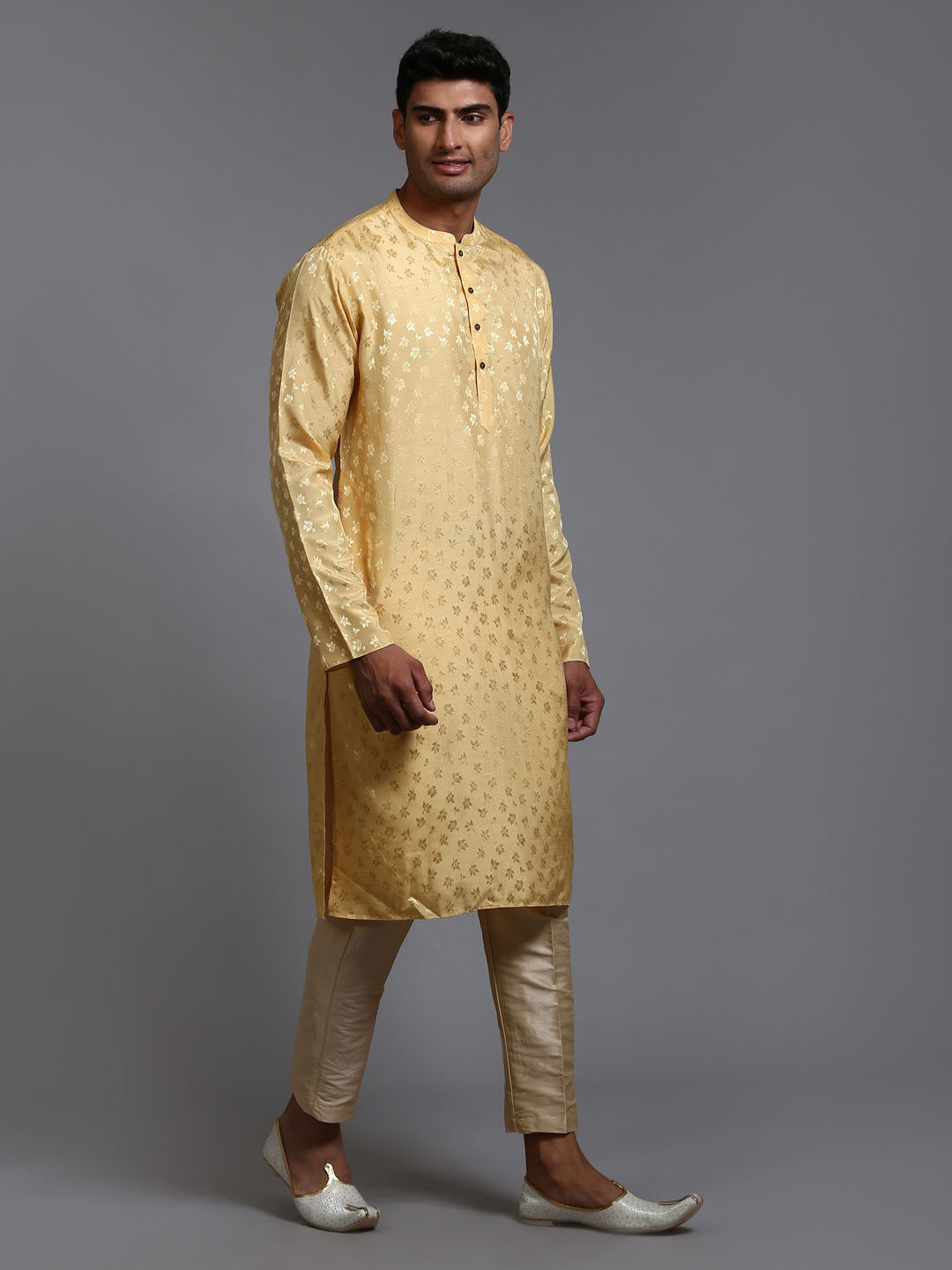 VASTRAMAY Men's Yellow Jacquard Kurta with Pant Set