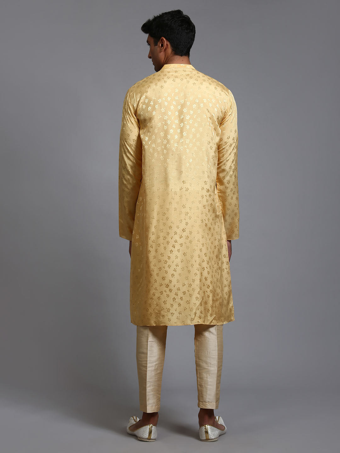 VASTRAMAY Men's Yellow Jacquard Kurta with Pant Set