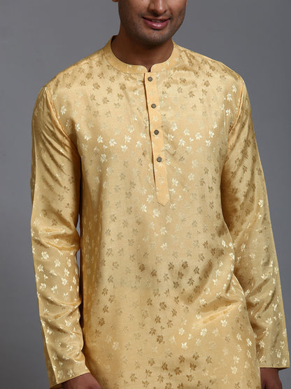 VASTRAMAY Men's Yellow Jacquard Kurta with Pant Set