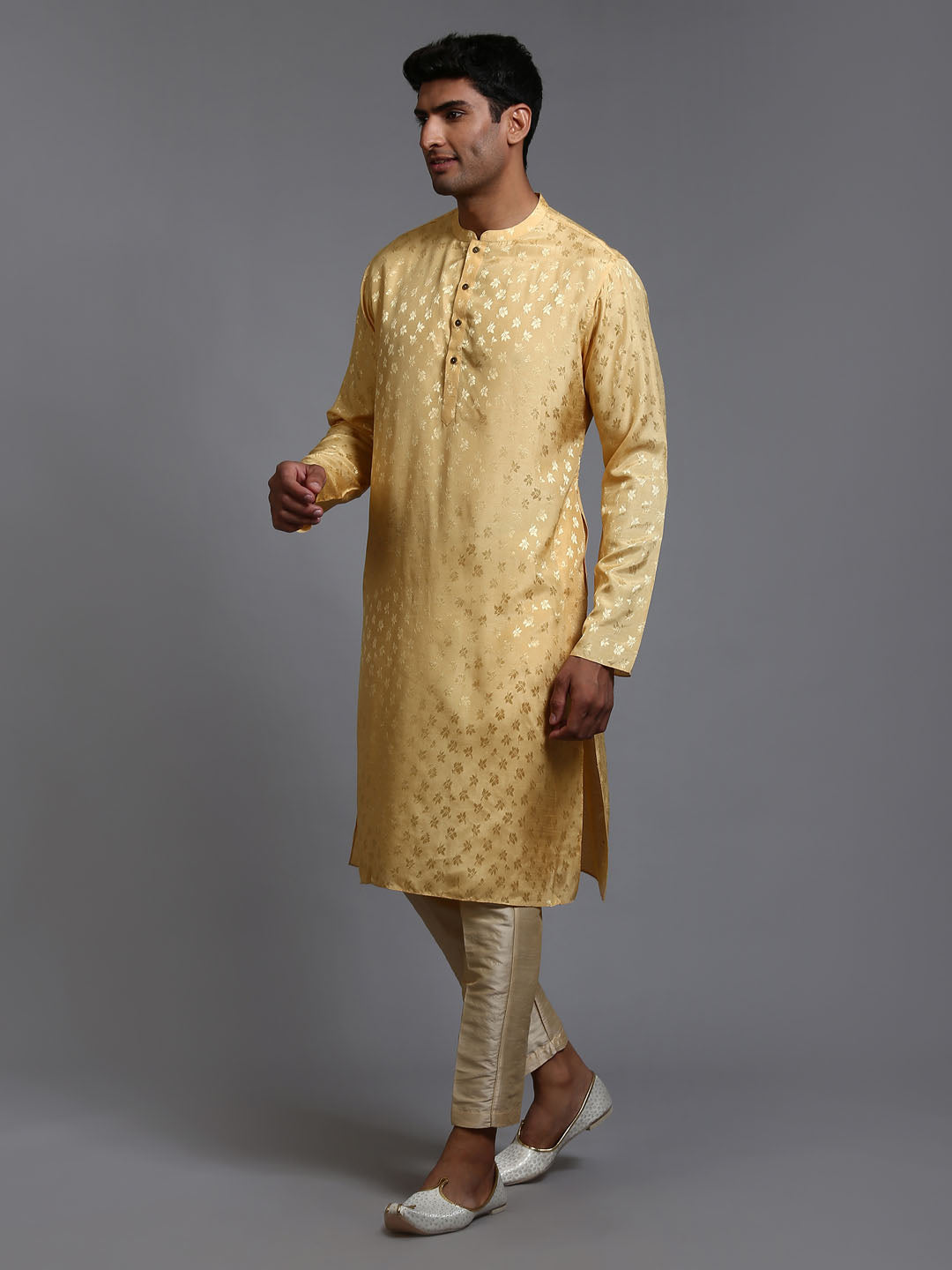 VASTRAMAY Men's Yellow Jacquard Kurta with Pant Set