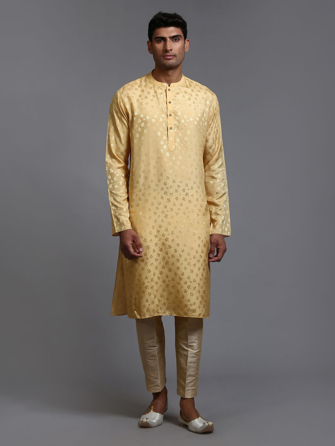 VASTRAMAY Men's Yellow Jacquard Kurta with Pant Set