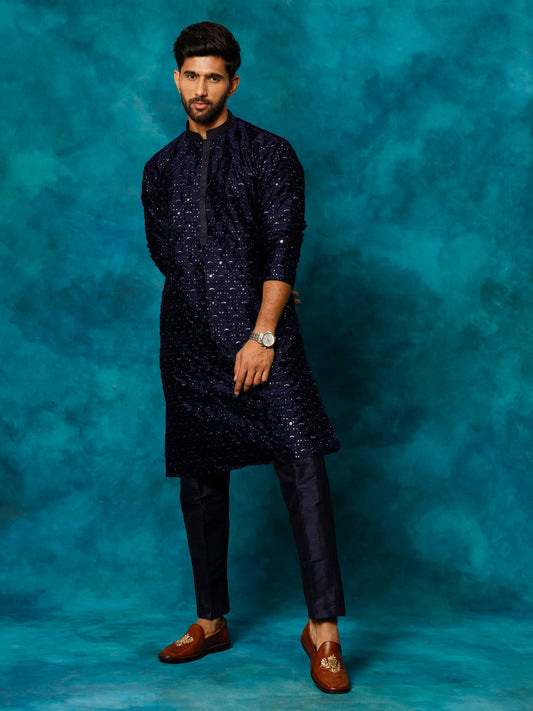 VASTRAMAY Men's Blue Silk Blend Kurta Pyjama Set