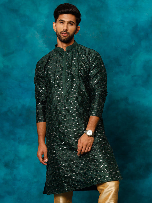 VASTRAMAY Men's Green Silk Blend Embellished Kurta