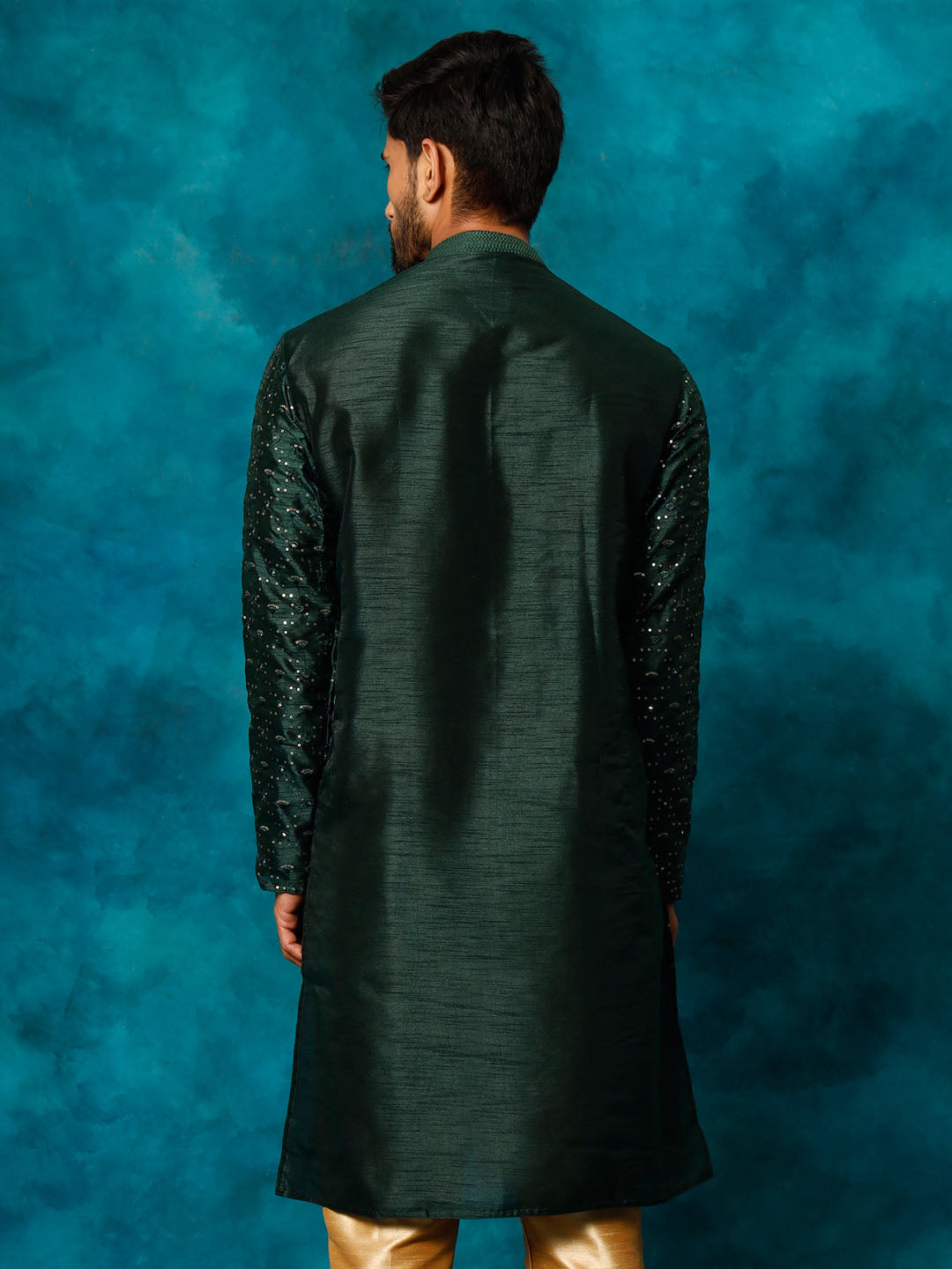 VASTRAMAY Men's Green Silk Blend Embellished Kurta