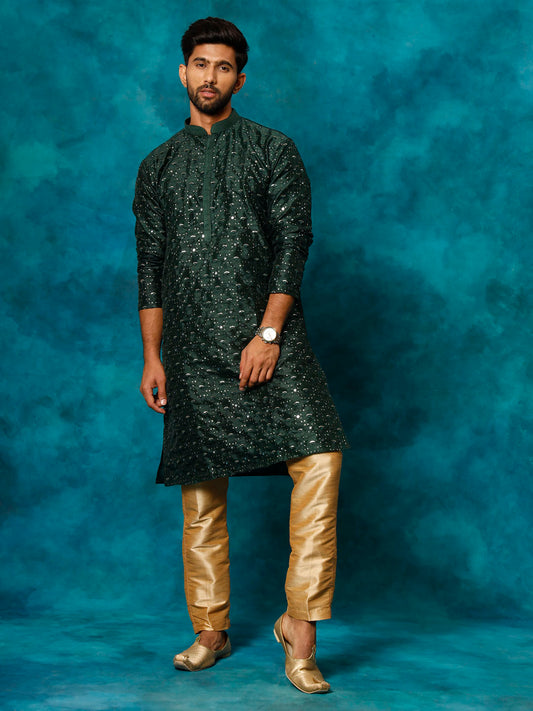 VASTRAMAY Men's Green Silk Blend Kurta Pyjama Set