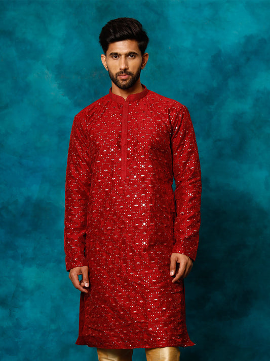 VASTRAMAY Men's Maroon Silk Blend Embellished Kurta