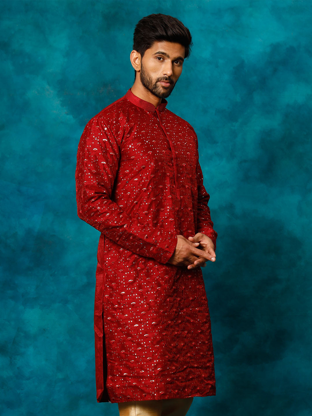 VASTRAMAY Men's Maroon Silk Blend Embellished Kurta