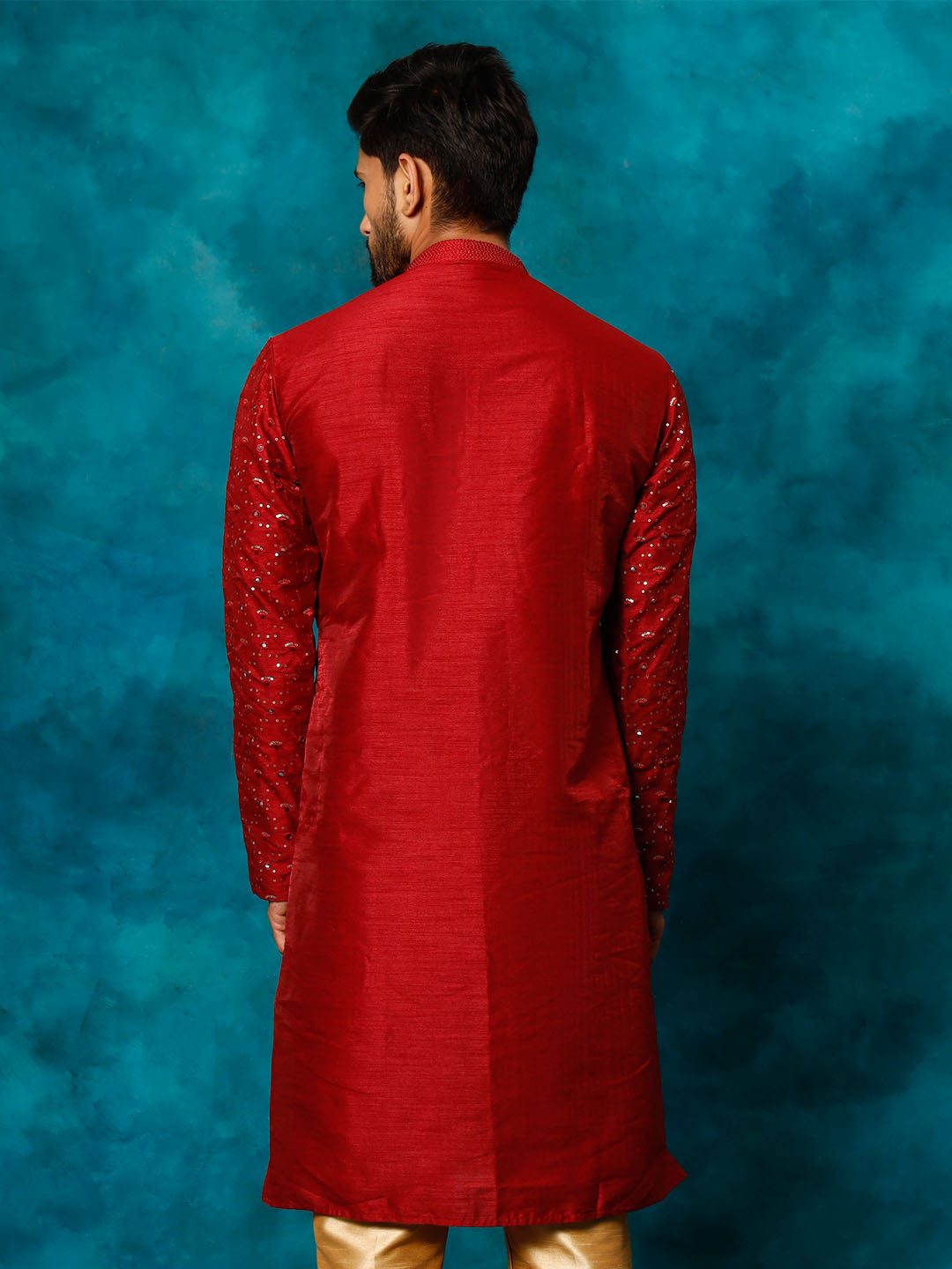 VASTRAMAY Men's Maroon Silk Blend Embellished Kurta