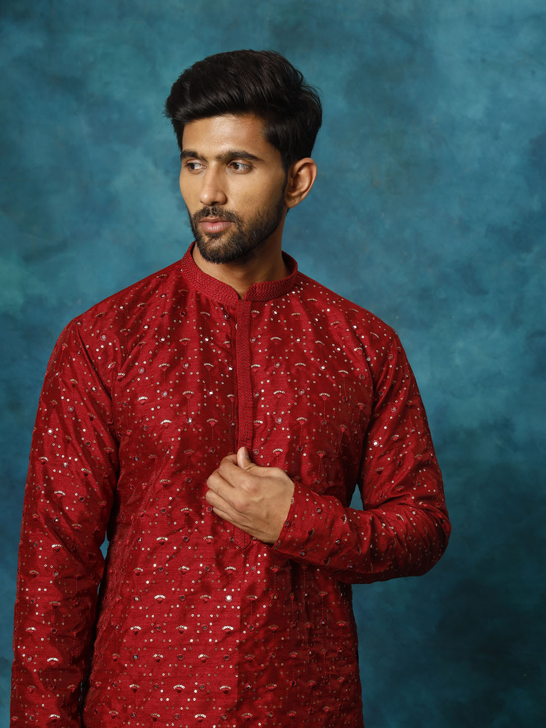 VASTRAMAY Men's Maroon Silk Blend Embellished Kurta