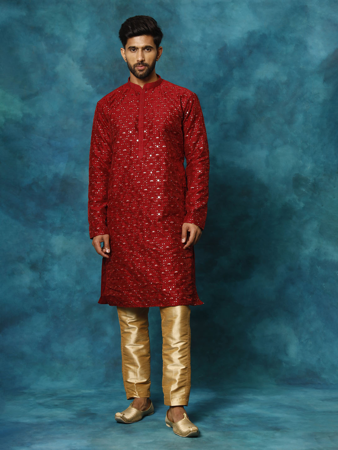 VASTRAMAY Men's Maroon Silk Blend Embellished Kurta