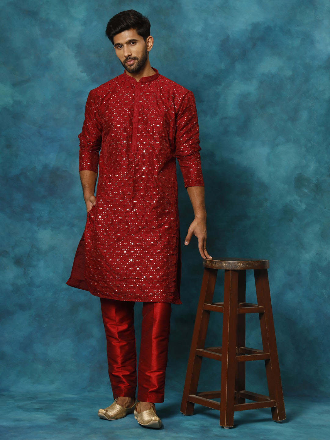 VASTRAMAY Men's Maroon Silk Blend Kurta Pyjama Set