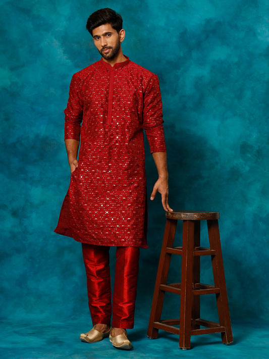 VASTRAMAY Men's Maroon Silk Blend Kurta Pyjama Set