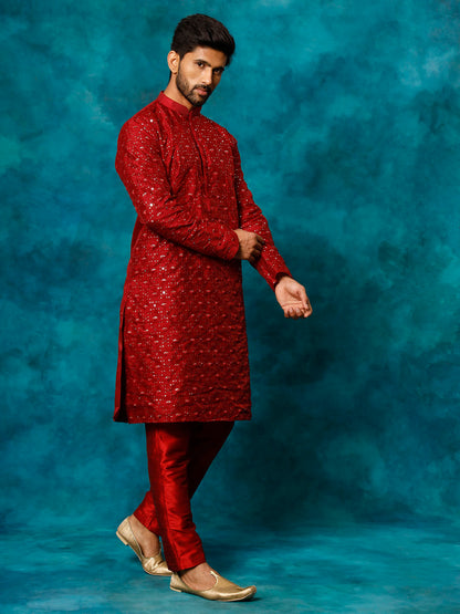 VASTRAMAY Men's Maroon Silk Blend Kurta Pyjama Set