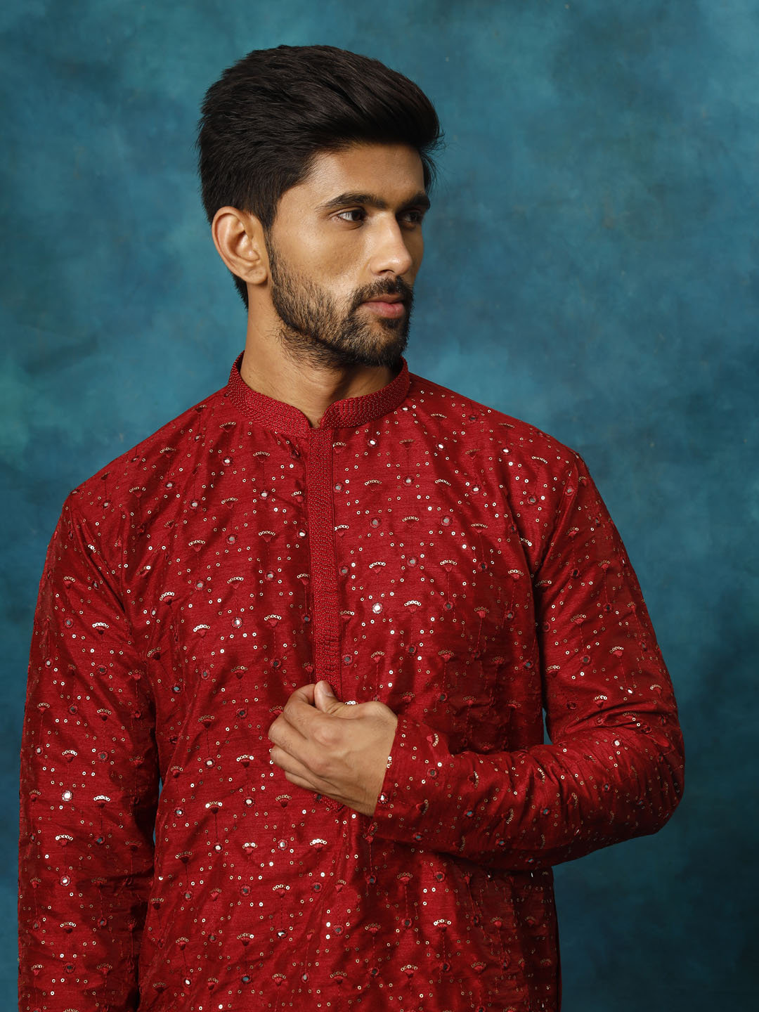 VASTRAMAY Men's Maroon Silk Blend Kurta Pyjama Set