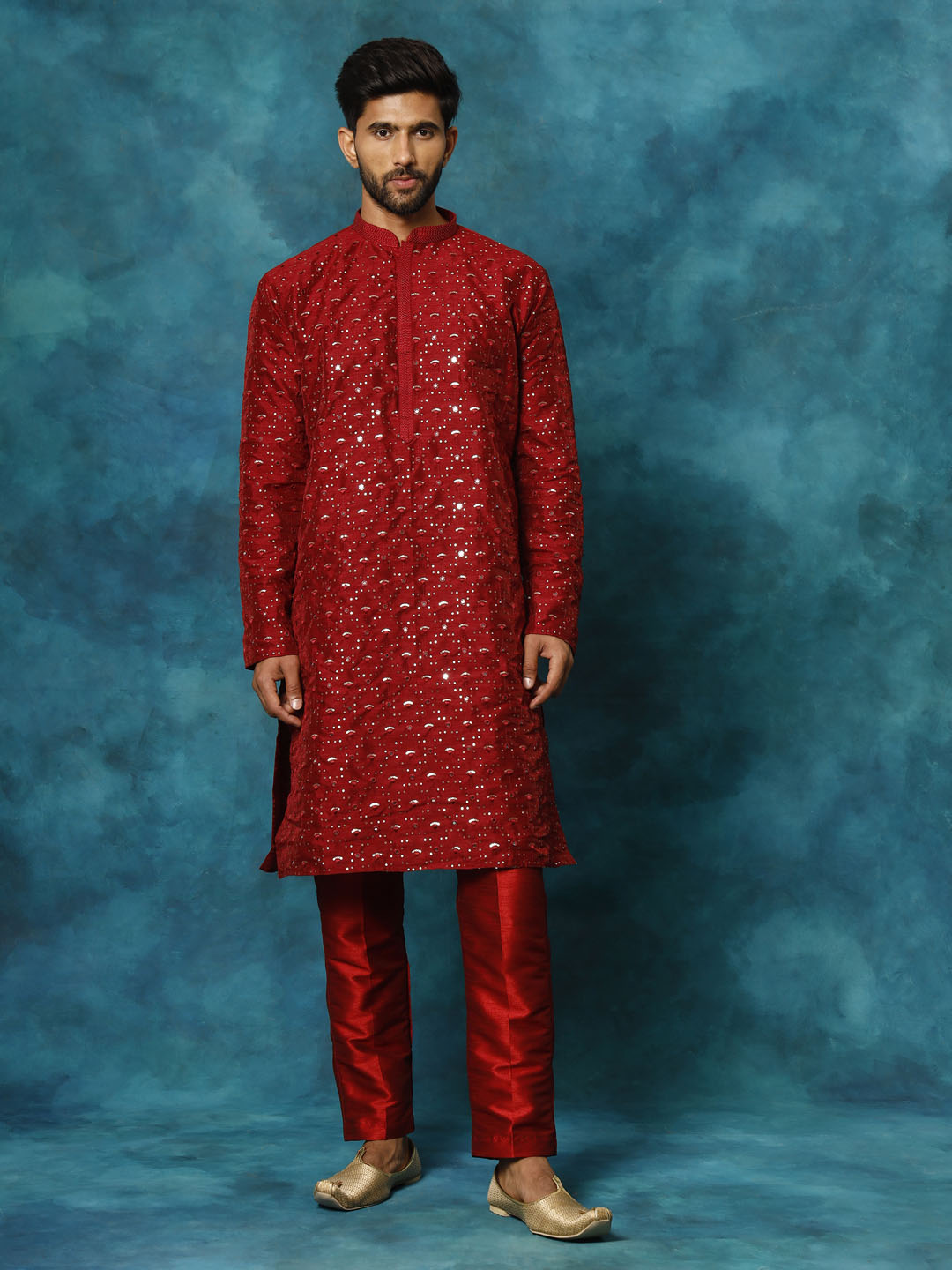 VASTRAMAY Men's Maroon Silk Blend Kurta Pyjama Set