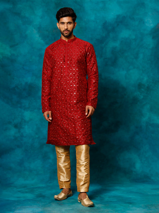 VASTRAMAY Men's Maroon Silk Blend Kurta Pyjama Set