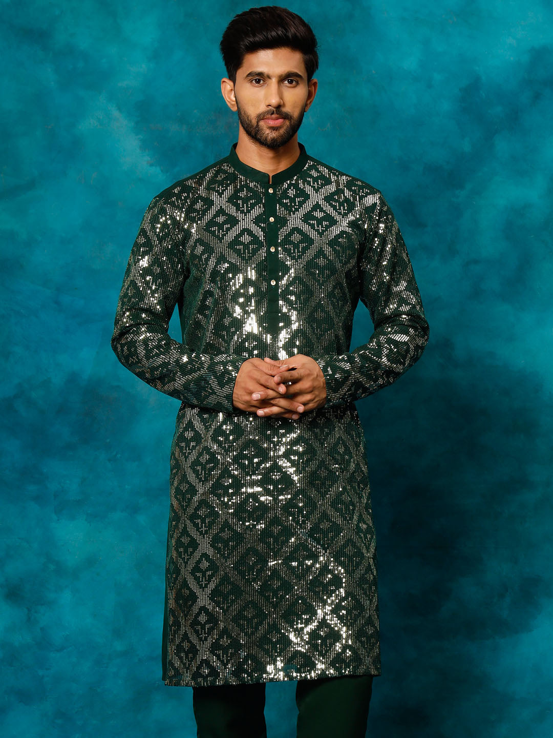 Vastramay Men's Green Embellished Georgette Kurta