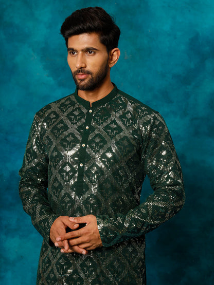 Vastramay Men's Green Embellished Georgette Kurta