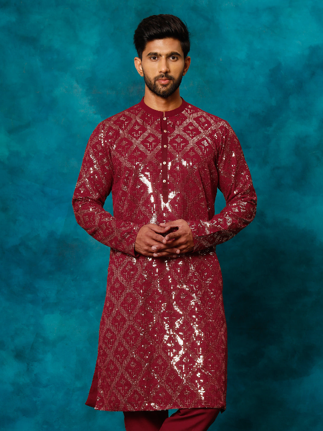 Vastramay Men's Maroon Embellished Georgette Kurta