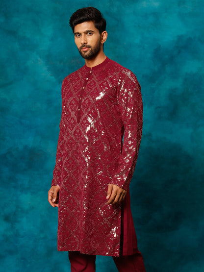 Vastramay Men's Maroon Embellished Georgette Kurta