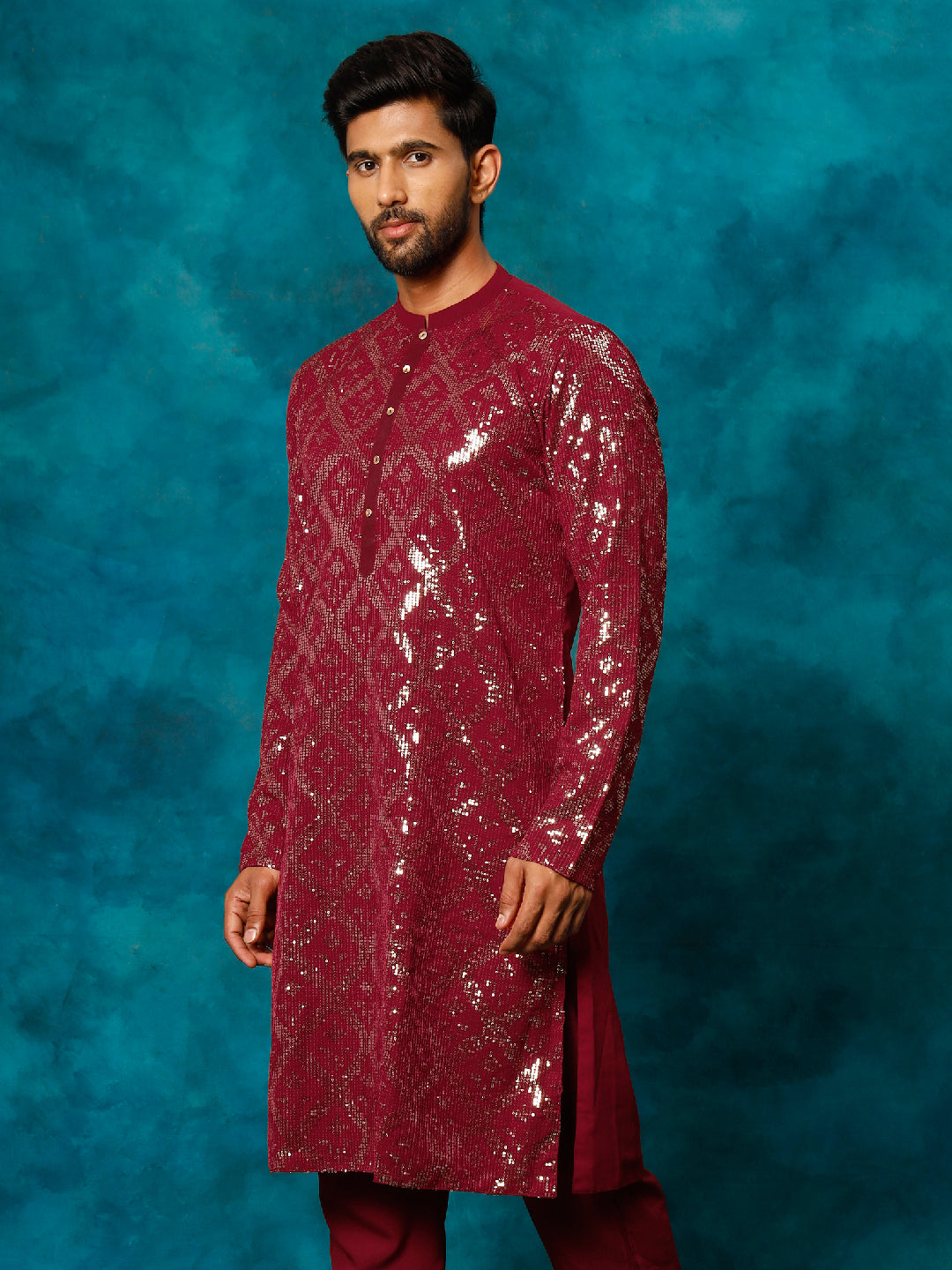 Vastramay Men's Maroon Embellished Georgette Kurta