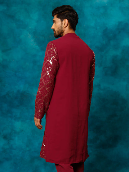 Vastramay Men's Maroon Embellished Georgette Kurta