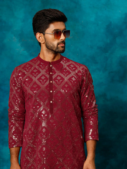 Vastramay Men's Maroon Embellished Georgette Kurta