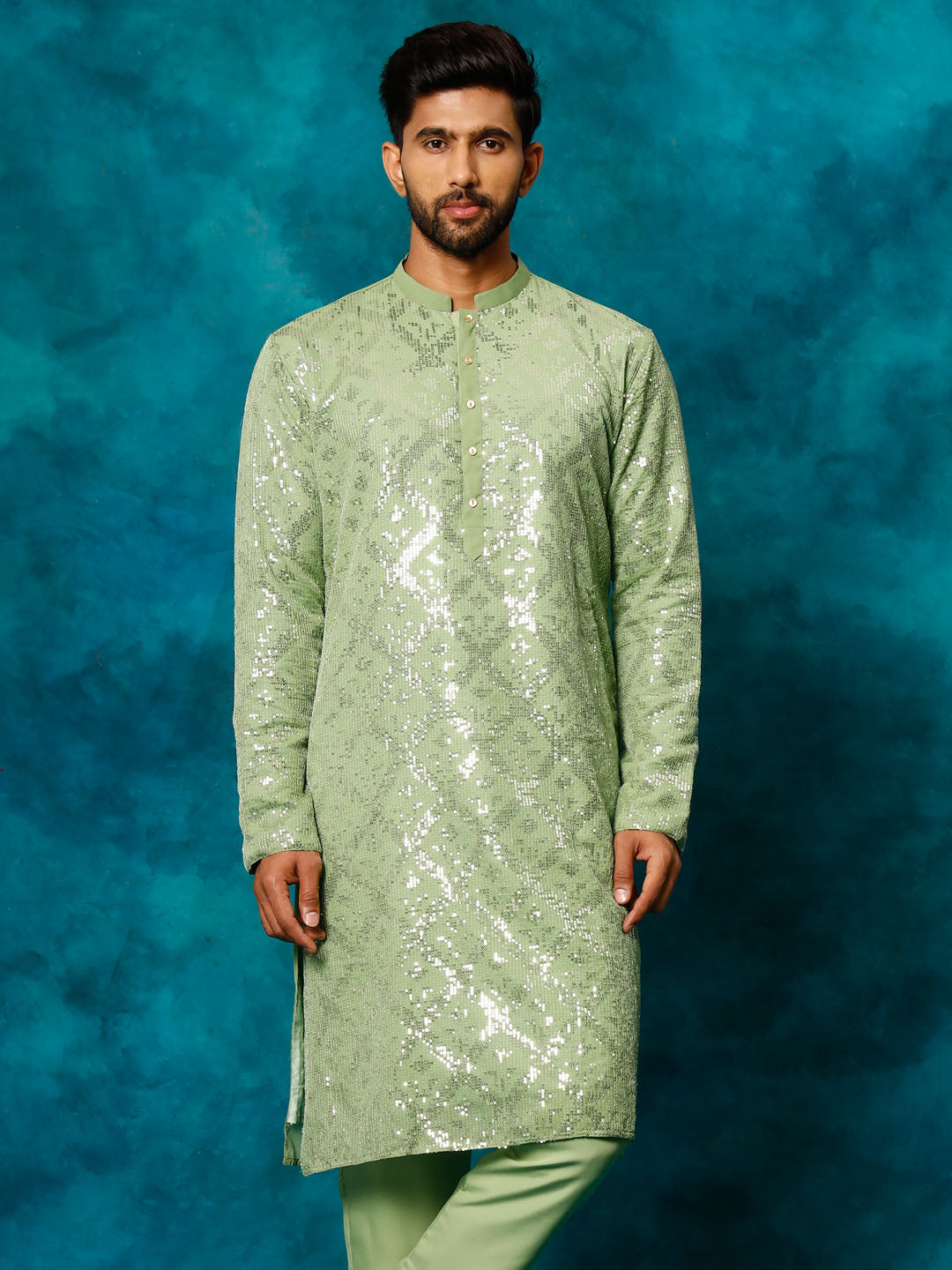 Vastramay Men's Mint Green Embellished Georgette Kurta