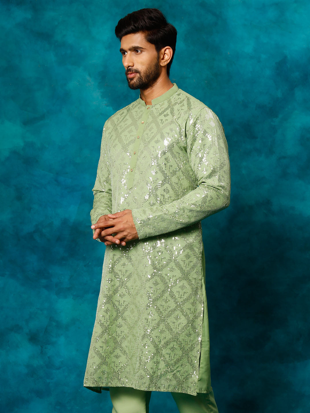 Vastramay Men's Mint Green Embellished Georgette Kurta