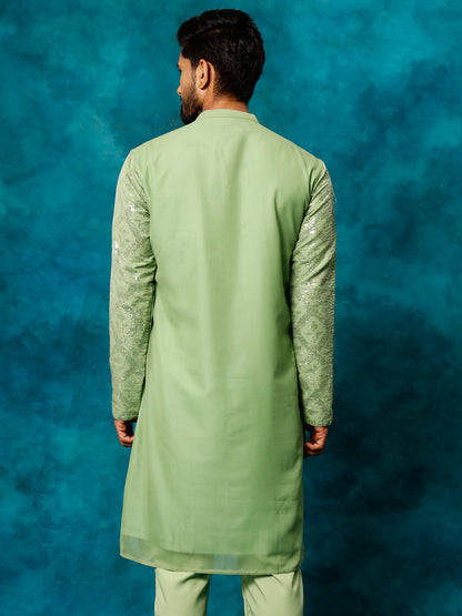 Vastramay Men's Mint Green Embellished Georgette Kurta