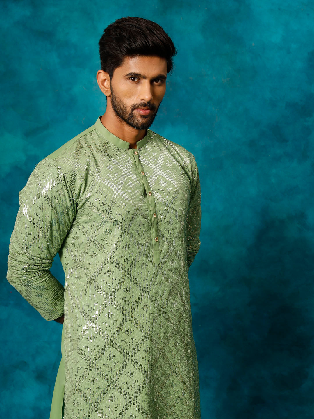 Vastramay Men's Mint Green Embellished Georgette Kurta