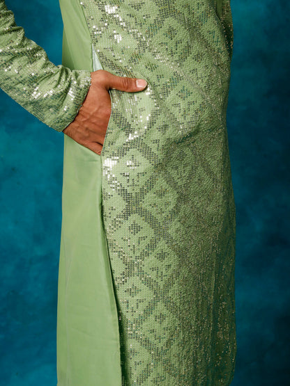 Vastramay Men's Mint Green Embellished Georgette Kurta