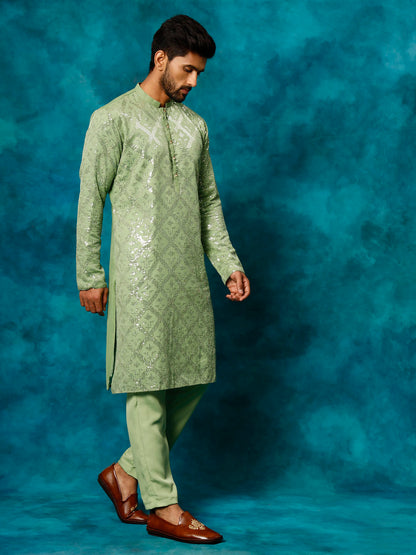 Vastramay Men's Mint Green Embellished Georgette Kurta