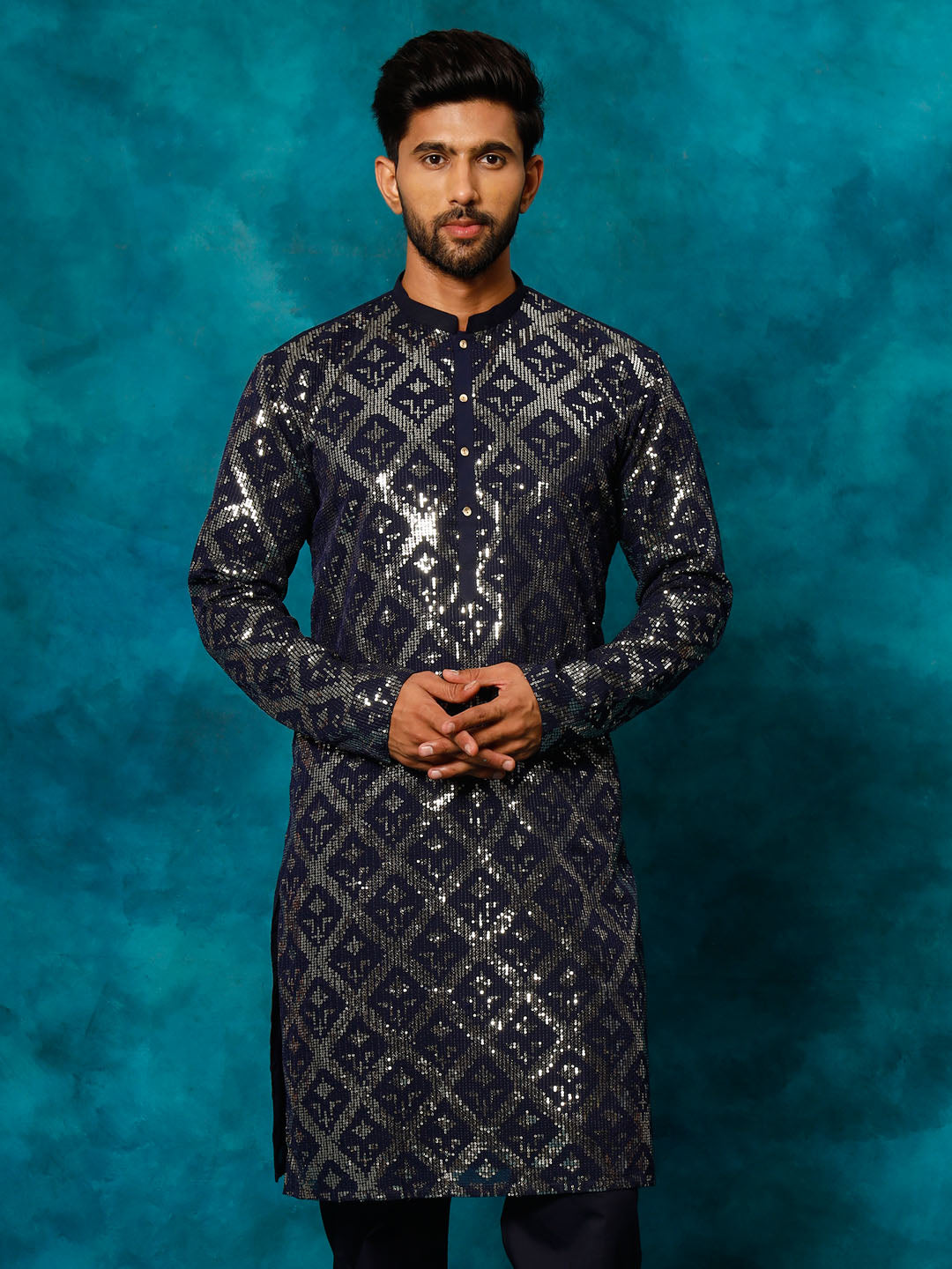 Vastramay Men's Navy Blue Embellished Georgette Kurta