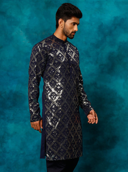 Vastramay Men's Navy Blue Embellished Georgette Kurta