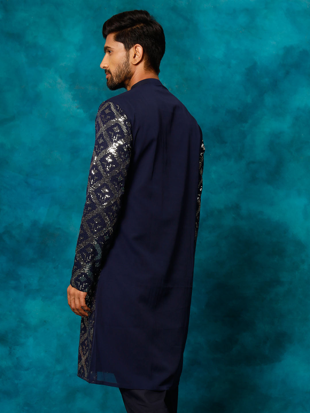 Vastramay Men's Navy Blue Embellished Georgette Kurta