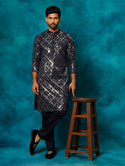 Vastramay Men's Navy Blue Embellished Georgette Kurta