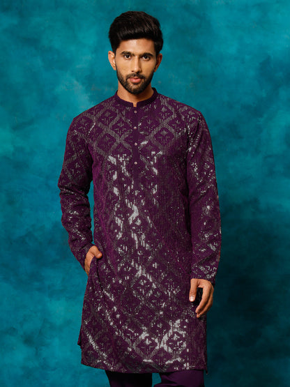 Vastramay Men's Purple Embellished Georgette Kurta