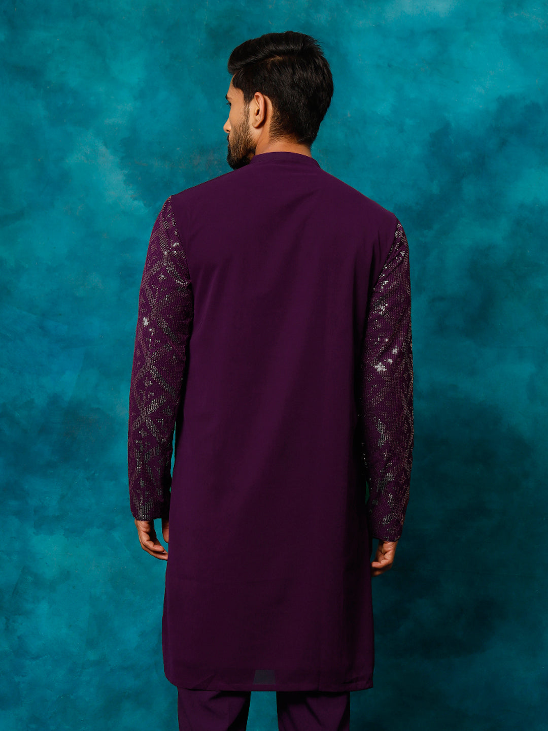 Vastramay Men's Purple Embellished Georgette Kurta