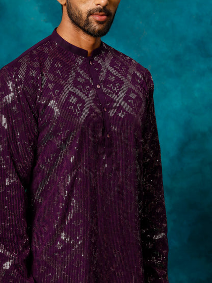 Vastramay Men's Purple Embellished Georgette Kurta