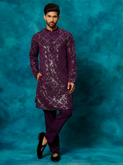 Vastramay Men's Purple Embellished Georgette Kurta