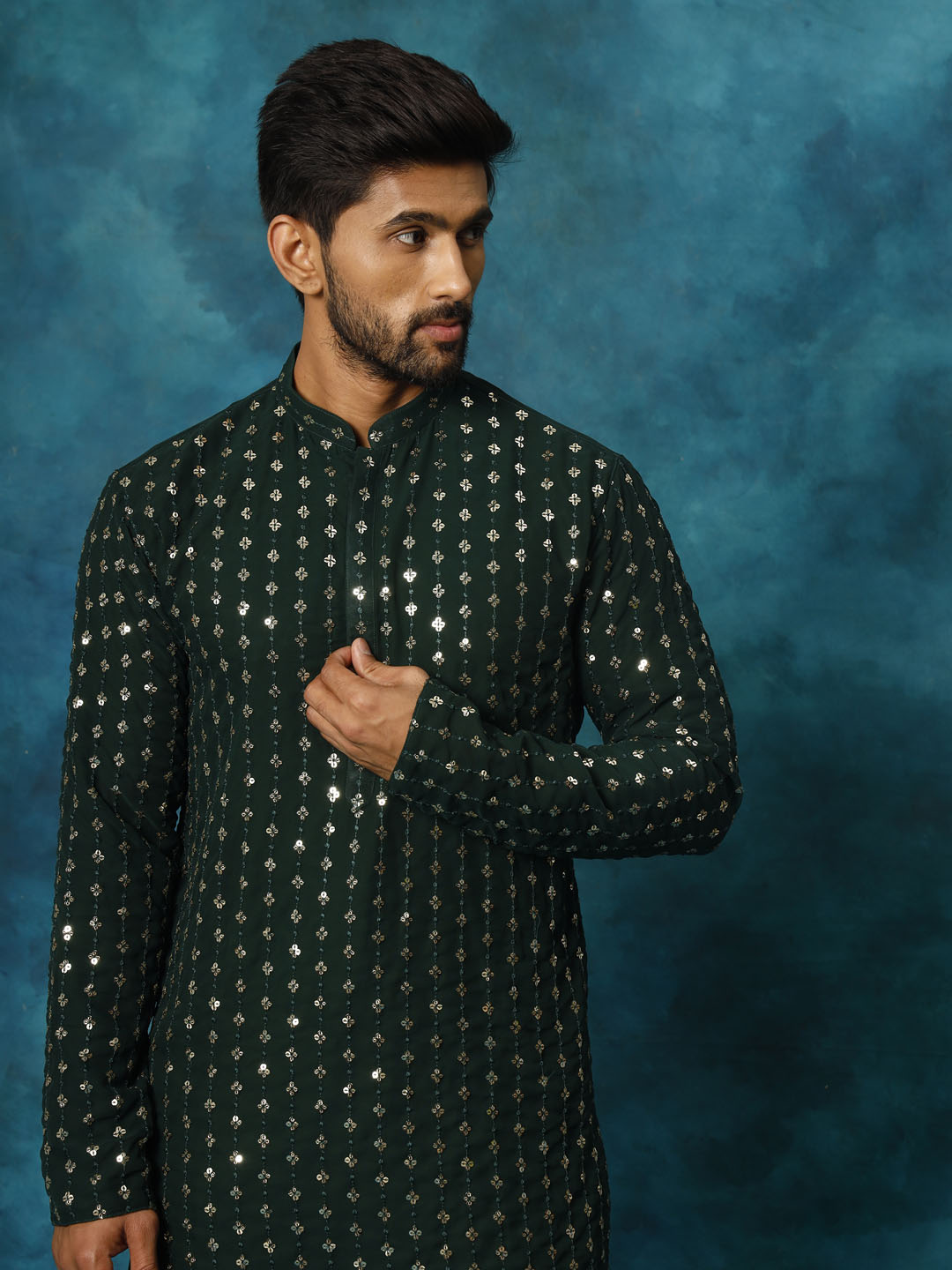 Vastramay Men's Green Georgette Sequins Kurta
