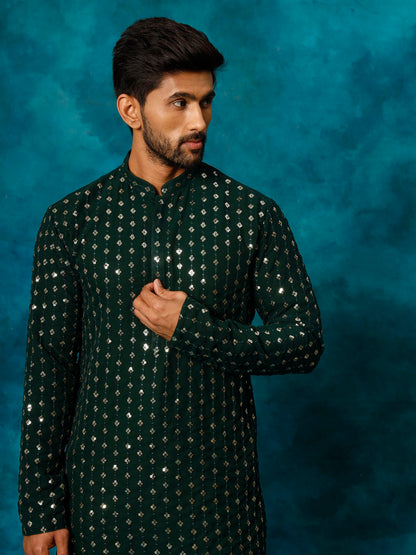 Vastramay Men's Green Georgette Sequins Kurta