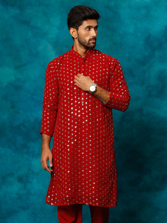 VASTRAMAY Men's Maroon Georgette Sequins Kurta